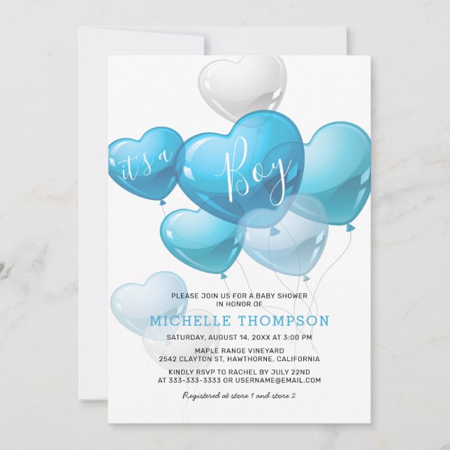 Det är en pojke hjärta ballong baby shower inbjudningar (Framsida)