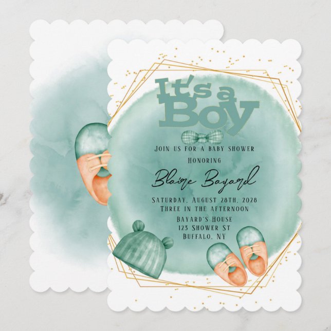 Det är en pojke i Mint Grönt och Guld Baby Shower  Inbjudningar (Fram/baksida)