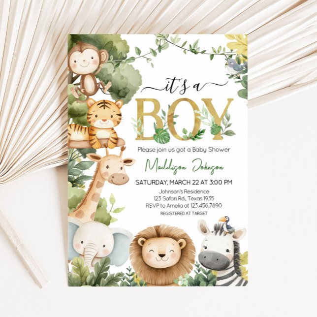 Det är en pojke Jungle Safari Animal Baby Shower Inbjudningar (Greenery Jungle Safari Animal Baby Shower Invitation 
)