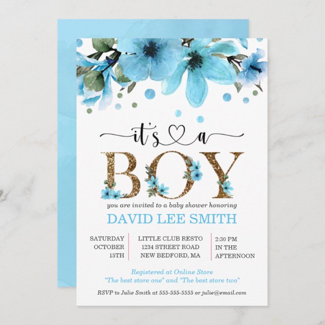 Det är en pojke Ljusblå och guld vattenfärg (Fram/baksida)