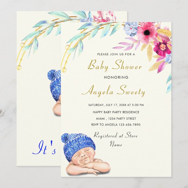 Det är en pojke Lycklig sovande baby shower inbjud (Fram/baksida)