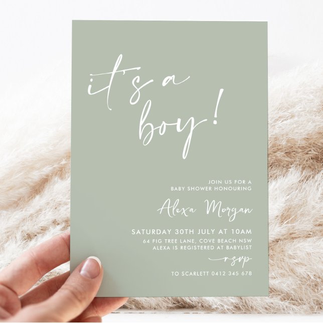 Det är en pojke! Minimal babyvisningsprogram för G Inbjudningar (It's a boy! | Sage Green Baby Shower Invitation)