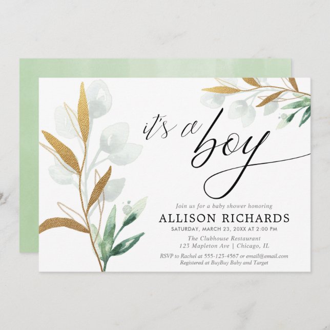 Det är en pojke modern barndusch i guld inbjudningar (Fram/baksida)