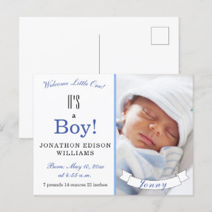 Det är en pojke! Modern Blue Baby Photo Birth Meddelande Vykort