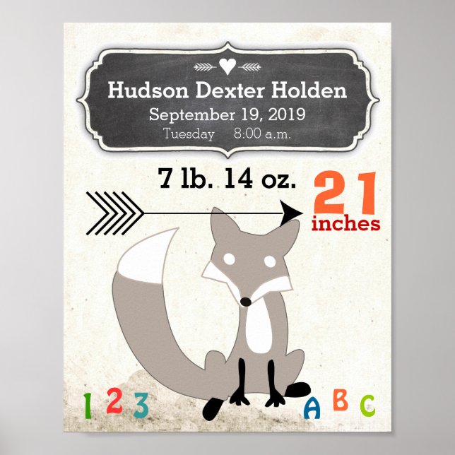 Det är en pojke! Nyfödd bebis Stats Cute Fox Poster (Framsidan)