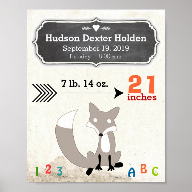 Det är en pojke! Nyfödd bebis Stats Cute Fox Poster (Framsidan)