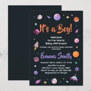 Det är en pojke planeter yttre rymden baby shower inbjudningar