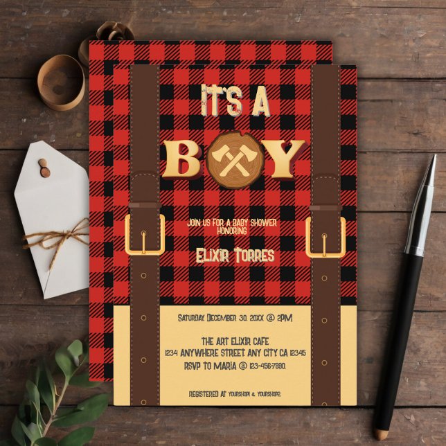 Det är en pojke Rustic Lumberjack Flanals Baby Sho Inbjudningar (Skapare uppladdad)