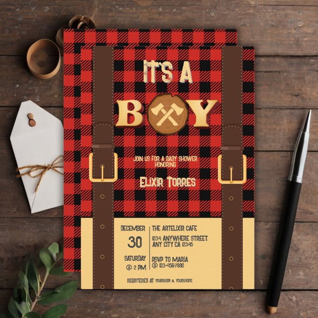 Det är en pojke Rustic Lumberjack Flanals Baby Sho Inbjudningar (Skapare uppladdad)