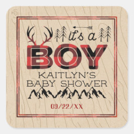 Det är en pojke! Rustic Play Lumberjack Baby Showe Fyrkantigt Klistermärke