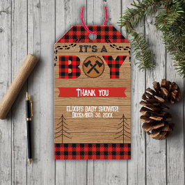 Det är en pojke, Rustic Wood Play Baby Shower Presentetikett
