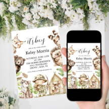det är en pojke Rustic Woodland Baby Shower Inbjud