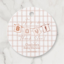 Det är en pojke! Söt Brun Gingham Notedry Baby Sho Gåvor Etiketter