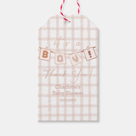 Det är en pojke! Söt Brun Gingham Notedry Baby Sho Presentetikett