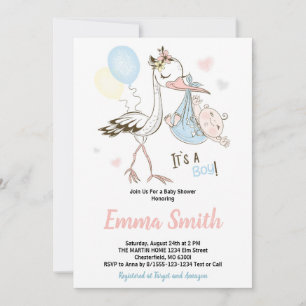 Det är en pojke Söt stork Vattenfärg Baby Shower I Inbjudningar