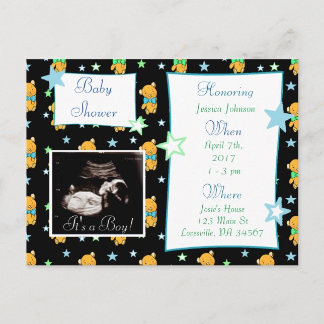 Det är en pojke, Ultrasound Pic Baby Shower-inbjud Inbjudan Vykort (Framsida)