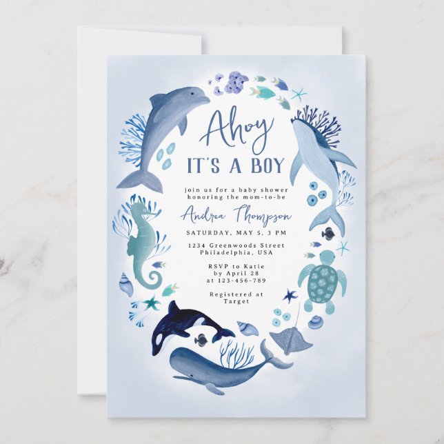 Det är en pojke under Sea Blue Baby Shower Inbjudningar (Framsida)
