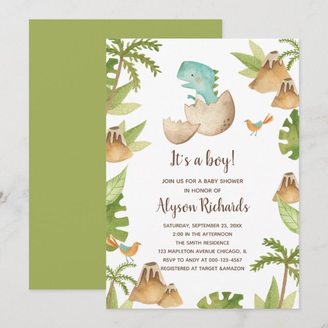  Det är en pojke, Watercolor Dinosaur Baby Shower Inbjudningar (Fram/baksida)