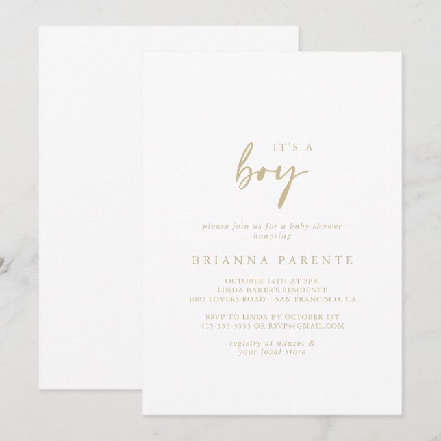 Det är en pojkmodern Elegant Guld Baby Shower Inbjudningar (Fram/baksida)
