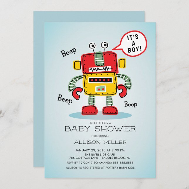 Det är en pojkrobot Baby Shower-inbjudan Inbjudningar (Fram/baksida)