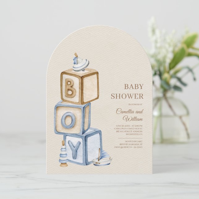 Det är en pojkvän Blue Boho Blocks Baby Shower Arc Inbjudningar (Stående Fram)