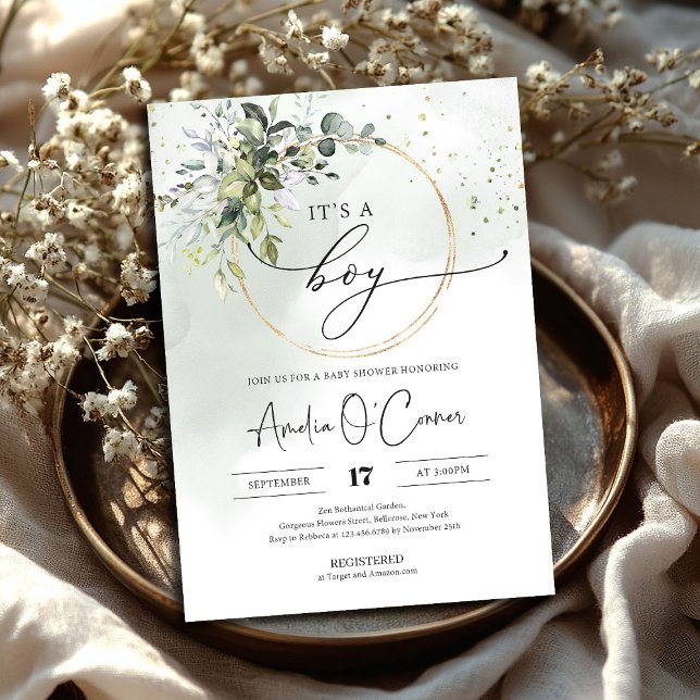Det är en pojkvän som bjuder in Greenery Boho Inbjudningar (It's A Boy Baby Shower Invitation Greenery and gold wreath)