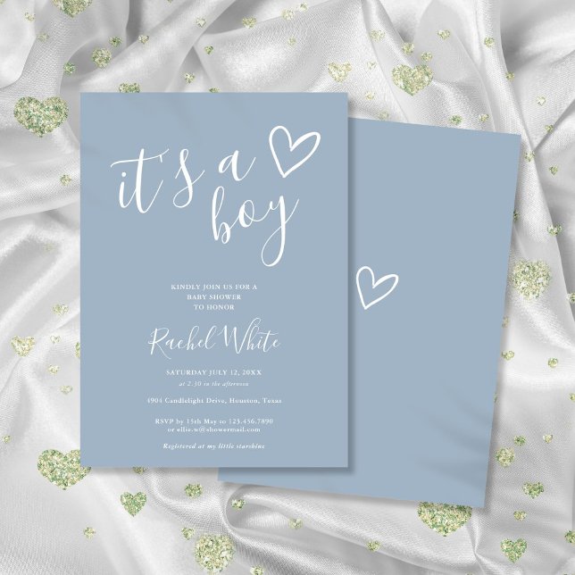 Det är en pojkvän som ser ut som en hjärtslitande, inbjudningar (It's A Boy Baby Shower Heart Dusty Blue Minimalist Invitation)
