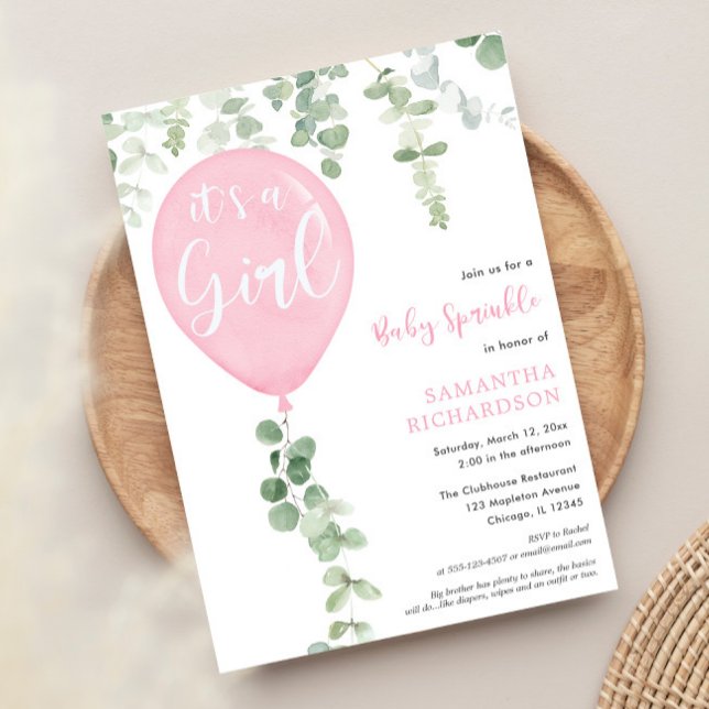 Det är en rosa baby sprinkle eucalyptus ballong inbjudningar (Skapare uppladdad)