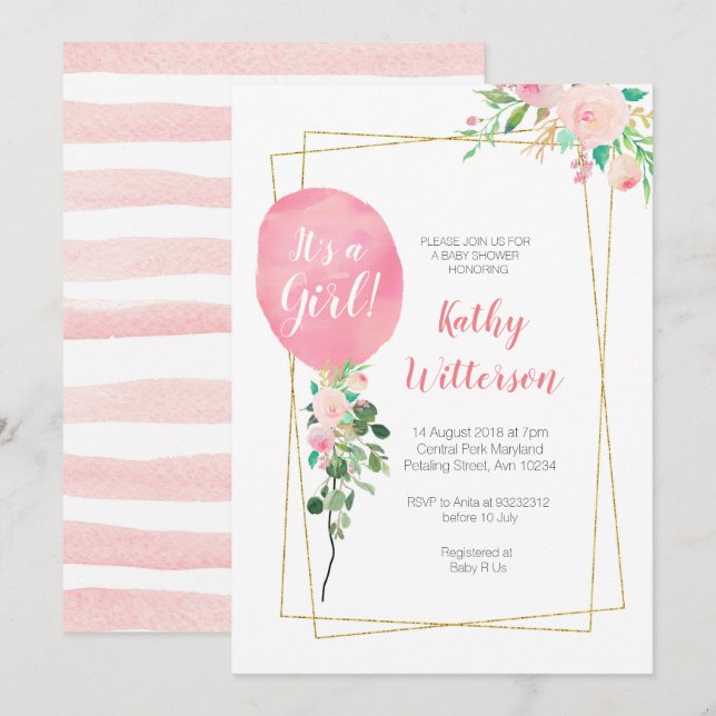 Det är en rosa Ballonbaby shower för flicka Inbjudningar (Fram/baksida)