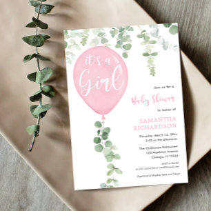 Det är en rosa-ballong för eucalyptus babydusch inbjudningar