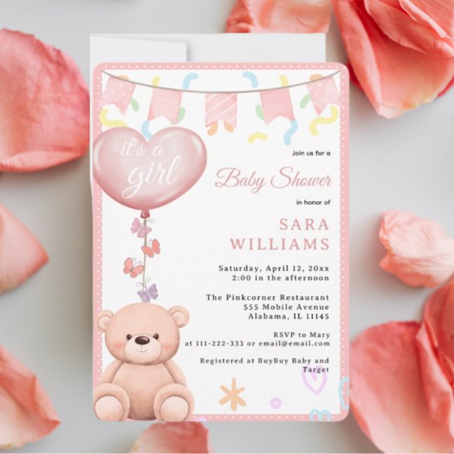 Det är en Rosa-ballong för flicka. Inbjudningar (It's a Girl Pink Heart shaped balloon Cute Teddy Bear and butterflies baby shower Invitation Pastel.)