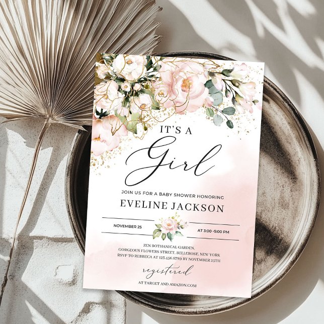 Det är en rosa blommigt guld boho babydusch inbjudningar (It's a girl pink floral gold boho baby shower invitation)