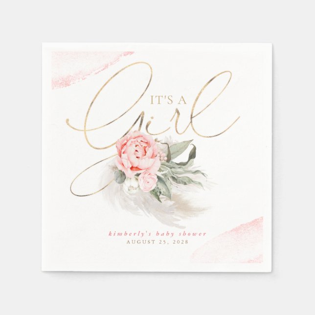 Det är en Rosa Blommigt Pampas Grass Baby Shower Pappersservett (Framsidan)