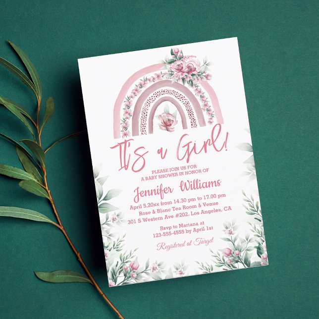 Det är en rosa boho blommigt babydusch regnbåge. inbjudningar (Skapare uppladdad)