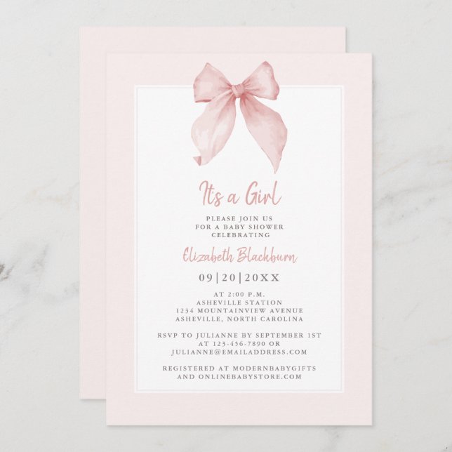 Det är en Rosa Bow Baby Shower Coquette Elegant Inbjudningar (Fram/baksida)