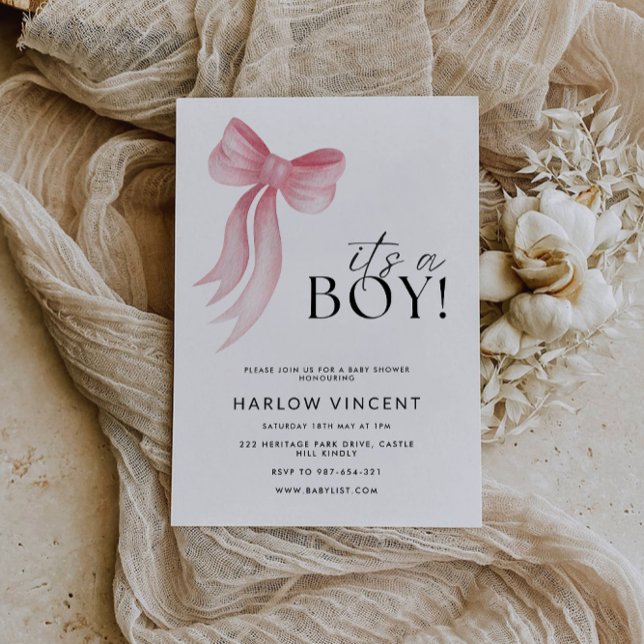 Det är en Rosa Bow Baby Shower-inbjudan. Inbjudningar (It's A Boy Pink Bow Baby Shower Invitation)