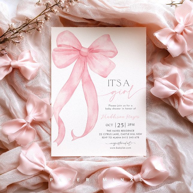 Det är en Rosa Bow Coquette Baby Shower Inbjudningar (It's A Girl! | Pink Bow Baby Shower Invitation | Baby Girl Baby Shower | Coquette Theme)