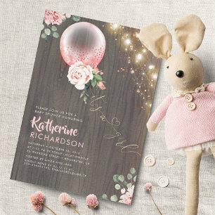 Det är en Rosa Guld Balloon Rustic Baby Shower Inbjudningar