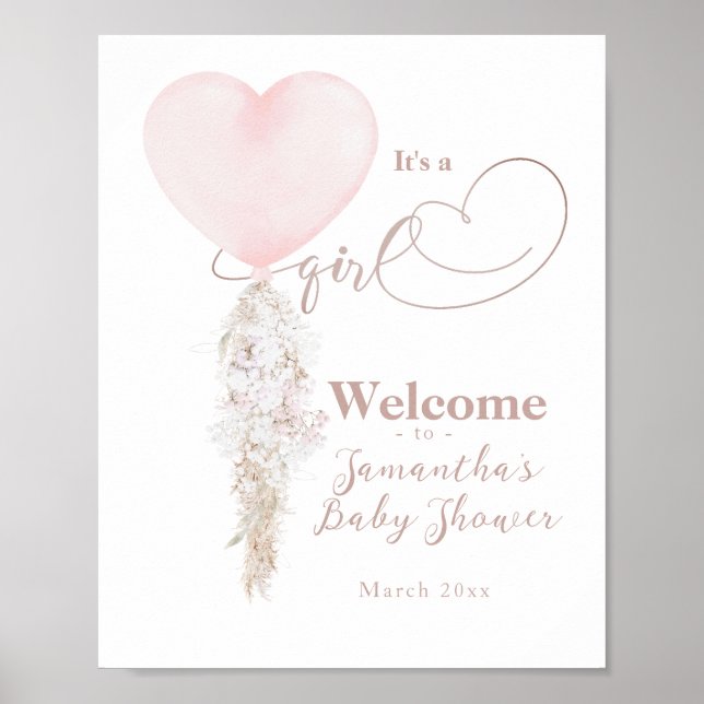 Det är en Rosa Heart Balloon Baby Shower välkommen Poster (Framsidan)