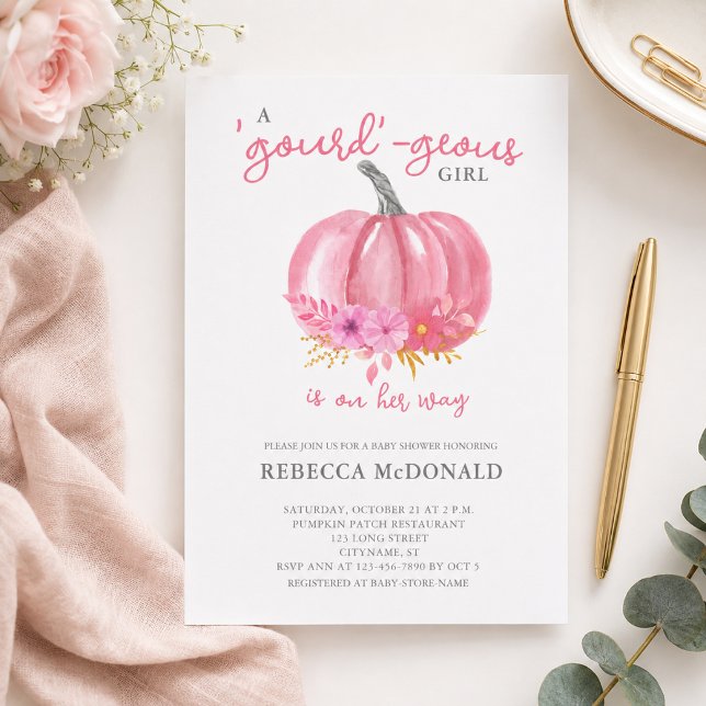 Det är en rosa pumpa för bebisflicka - inbjudan ti flygblad (Add name & event details via the template to customize your invitation.  Matching items available)
