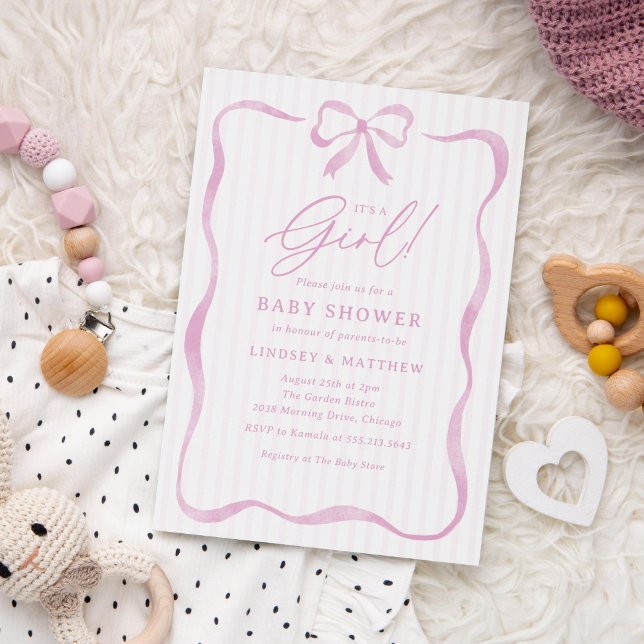 Det är en rosa rosett baby shower för flicka inbjudningar (pink baby shower invitation for girls with watercolor ribbon and bow)