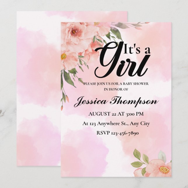 Det är en Rosa Watercolor Modern Baby Shower Inbjudningar (Fram/baksida)