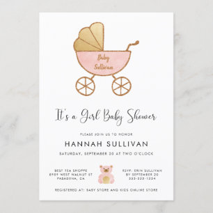 Det är en Rosa Watercolor Shower för Guld Carriage Inbjudningar