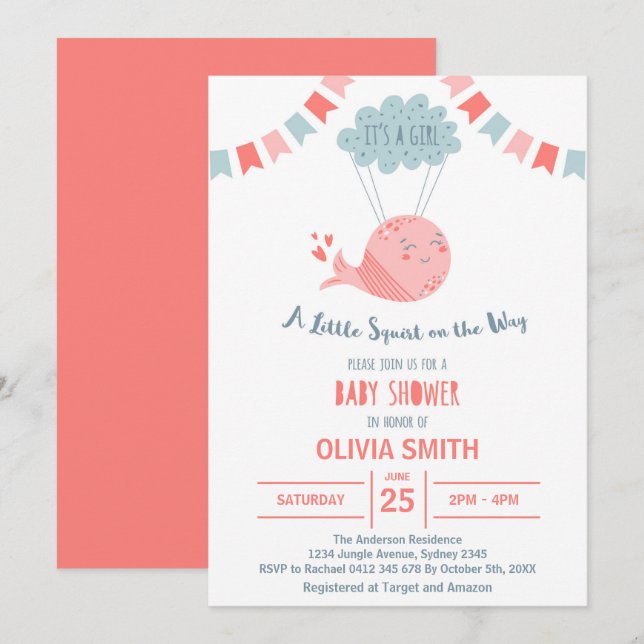 Det är en söt rosa val som flyger på molnet I Inbjudningar (Fram/baksida)