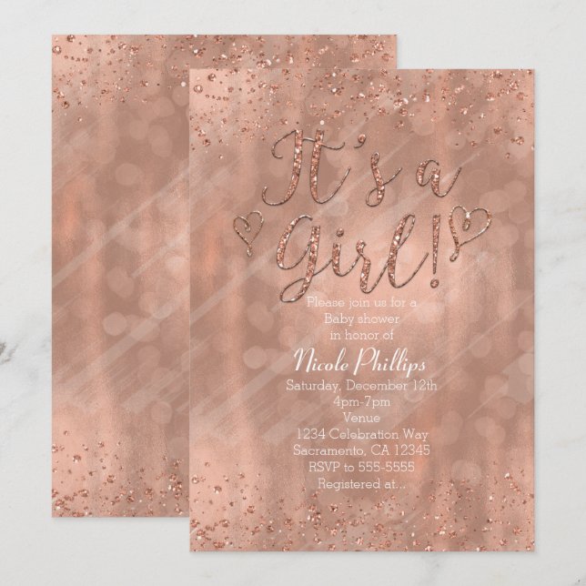 Det är en tjej Baby Shower Rosa Rosa Guld Glamour Inbjudningar (Fram/baksida)