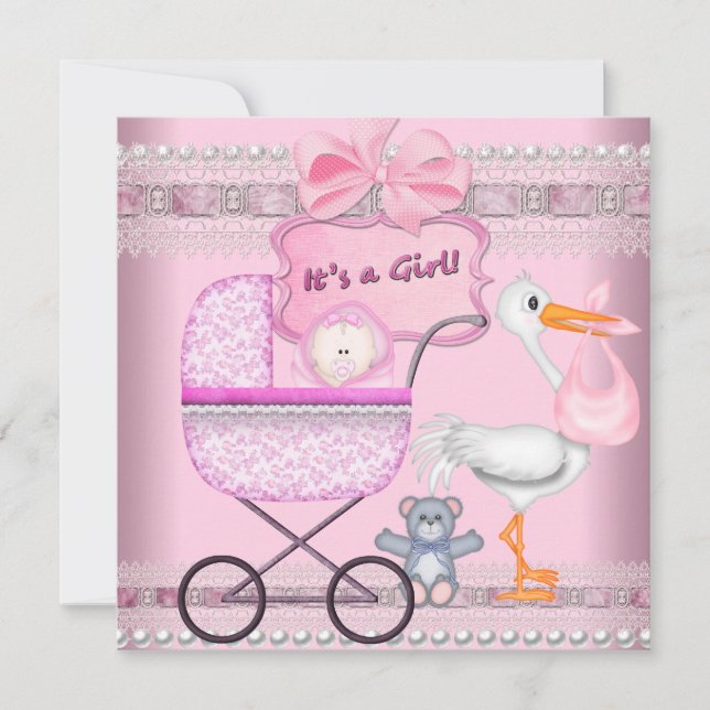 Det är en tjej baby tillkännagivande rosa barnvagn meddelande (Framsida)