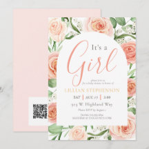Det är en tjej - Blush Rosa Blommig Babyfirande QR