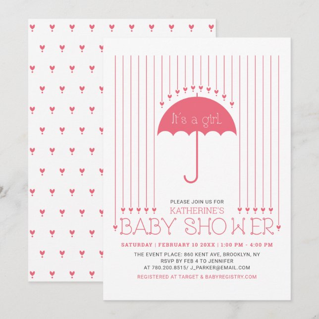 Det är en tjej | Cute Hearts & Umbrella Baby Showe Inbjudningar (Fram/baksida)