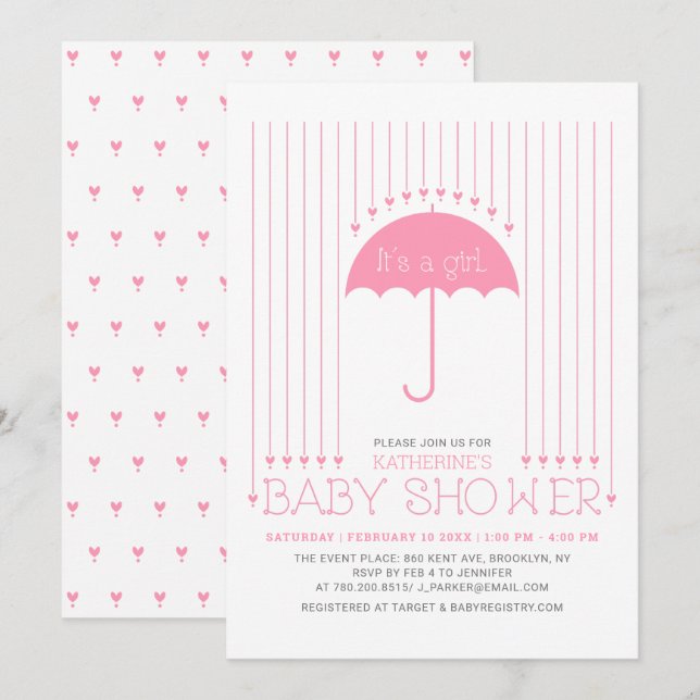 Det är en tjej | Cute Hearts & Umbrella Baby Showe Inbjudningar (Fram/baksida)