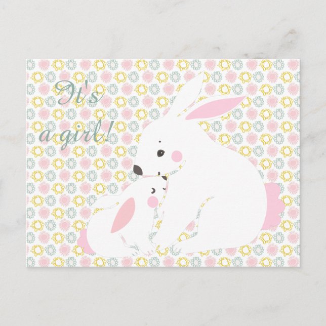 Det är en tjej! Cute mor & baby bunny Postcard Meddelande Vykort (Framsida)